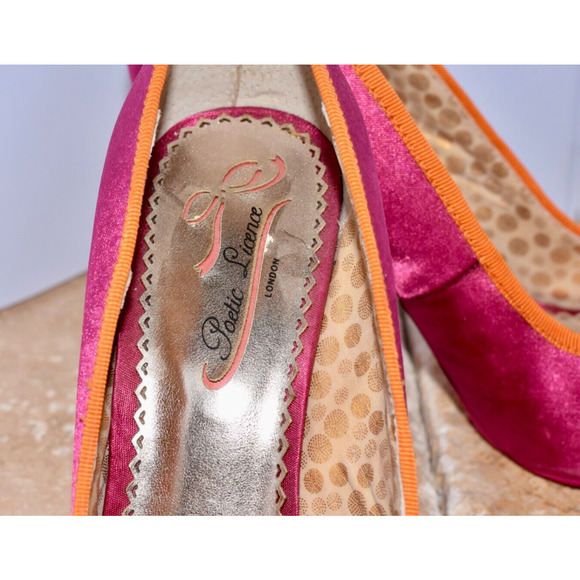 Poetic License Dazzling Satin Peep Toe Pumps Fuchsia & Orange Embellished Bow - Picture 10 of 11